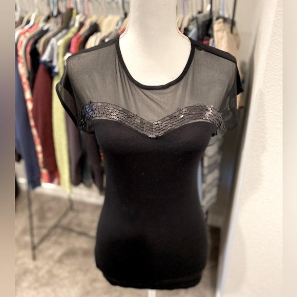Kische Tops - Kische Black Faux Bustier Style Tee With Mesh and Sequins